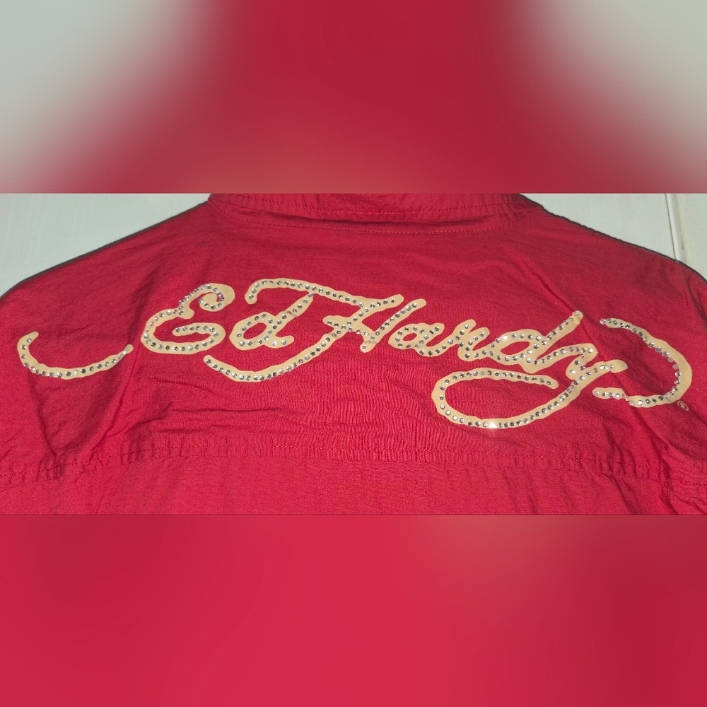 VINTAGE ED HARDY RED BUTTON DOWN SHIRT. MENS (L) DEAD OR ALIVE BLING ☆RARE☆ - Picture 6 of 9